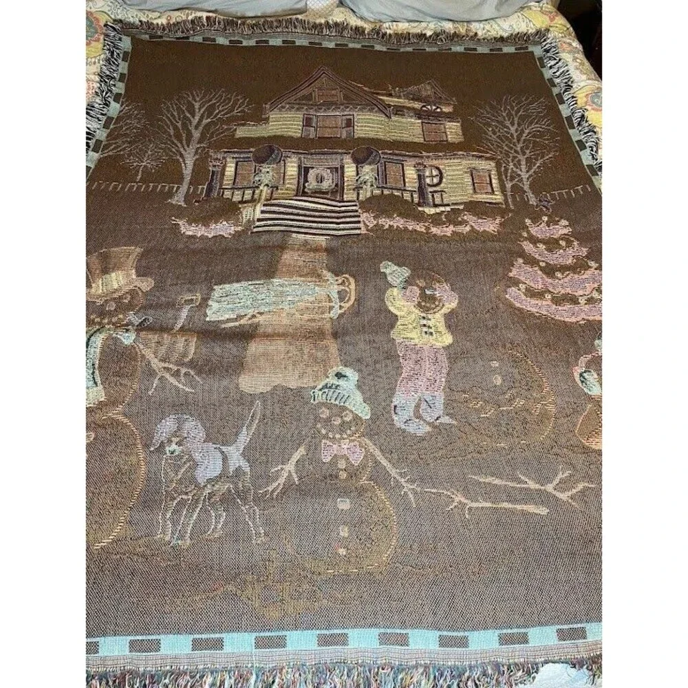 Snowman Tapestry Throw Blanket & Pillow Set Cozycore Cabincore Winter Christmas